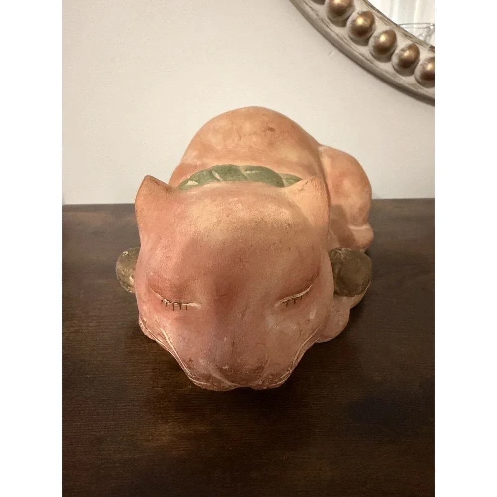 Vintage Hong Kong Terra Cotta Sleeping Cat Figurine Bell Collar 9